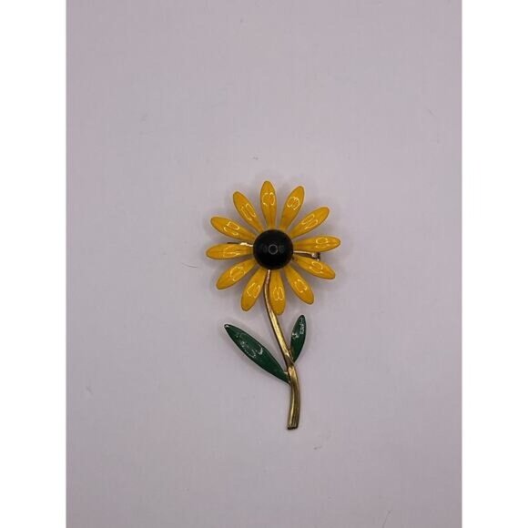Vintage Enamel Yellow Flower Brooch Pin With Green Leaves & Gold Tone Stem - Picture 1 of 2